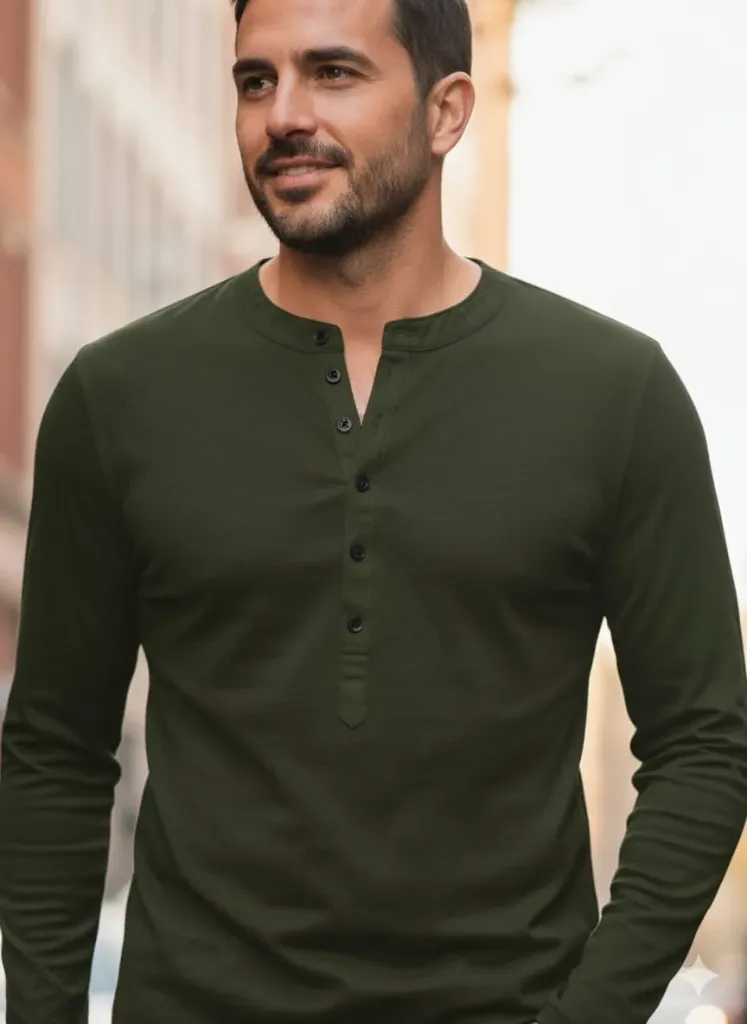 Playera Slim Fit Garnett Hombre Caballero Mao Botón Manga Larga